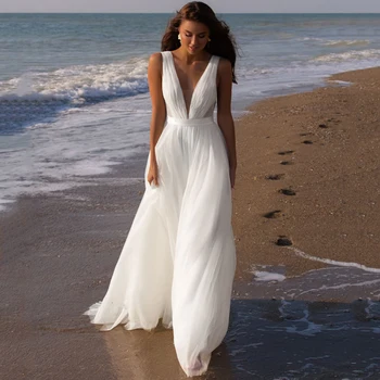 2022 Нови плажни рокли сватба за младоженци трапецовидна форма с отворен гръб и V-образно деколте, рокли за булката в стил бохо, лесен тюлевый халат Mariee De