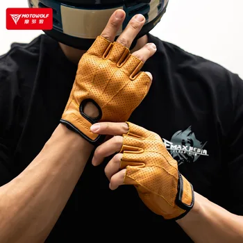 Motowolf Ретро ръкавици от овча кожа за каране на мотоциклет, летни улични ръкавици с перфорации в полпальца, дишащи ръкавици срещу падане