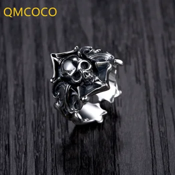QMCOCO, модерен пръстен с череп в ретро стил, в сребърен цвят, отворени регулируеми пръстени за мъже, хип-хоп, стръмни бижута в стил пънк, аксесоари, подаръци за Хелоуин