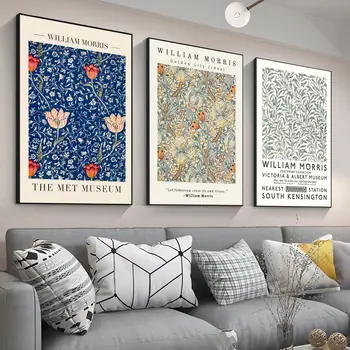 Абстрактни плакати с образа на цветя на Уилям Морис, листа и птици, реколта стикери, ретро интериор за бар, кафене, стаи, художествени стикери за стена