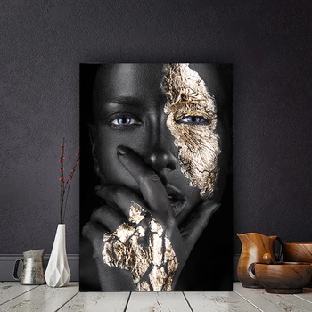 Африканско изкуство Черна златна жена Живопис с маслени бои върху платно, постери и щампи Куадроса скандинавски стенни картина за вашия интериор дневна