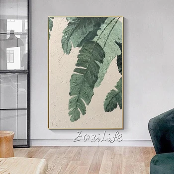 Боядисване с тропически зелени листа, акрилна текстурирани картина върху платно, голям стенен декор, изумрудено-зелен тропически еко декор, домашен декор