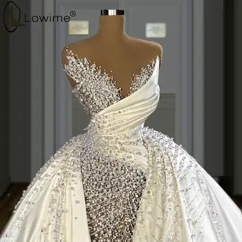 Висококачествени Луксозни сатенени булчинска рокля с перли, иллюзионные поли с кръгло деколте, сватбени рокли по поръчка