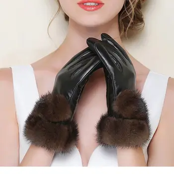 Дамски ръкавици от кожа на норка, ръкавици от естествена овча кожа, ръкавици със сензорен екран, топли зимни дамски луксозни ръкавици S2433