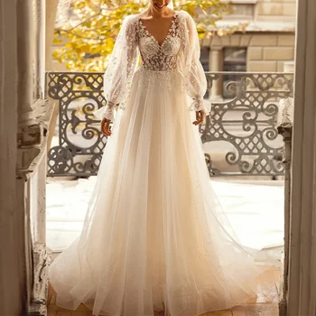 Дантелено сватбена рокля за жените, прозрачен V-образно деколте, трапециевидные апликации, сватбени рокли за булката 2023, сватбена рокля за булката