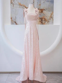 Елегантна блестяща розова вечерна рокля с пайети, завязывающееся с цип, елегантен лък на спагети презрамки, сватбена рокля за бала, хавлия в продажба