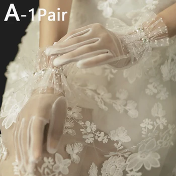 Елегантни бели ръкавици с лък цвят шампанско, стрейчевые сатен сватбени ръкавици с цветен модел, рокля, нови сватбени аксесоари