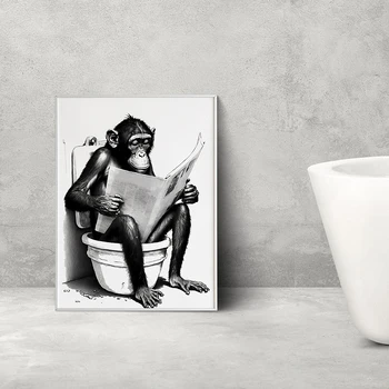 Забавен Бизнес Плакат с Маймуна и Принт На Стената, Четене на Вестници, Живопис, Интериор За Баня, е Черно-Бяла Художествена Картина