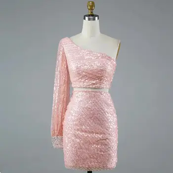 Комплект от две части от тюл с пайети, коктейл рокля с деколте, с едно рамо, дълъг ръкав, расшитый мъниста, дължина на мини 2023, елегантна вечерна рокля