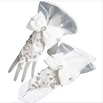 Красиви женски сватбени ръкавици без пръсти, елегантен кратък абзац, бяла лейси ръкавица с пайети, сватбени аксесоари