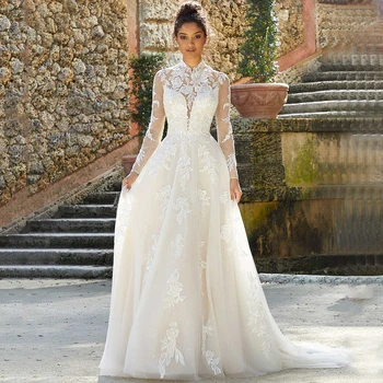 Луксозно иллюзионное сватбена рокля с високо воротом, нежна апликация, трапециевидное сватбена рокля с дължина до пода, сватбени рокли с копчета, халат за баня