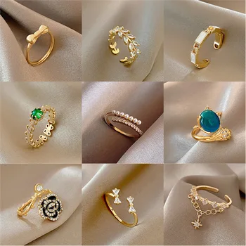 Модерен пръстен златен цвят с регулируем отвор, френски луксозен дизайн, метална геометрия, пръстен върху показалеца си, сватбени декорации