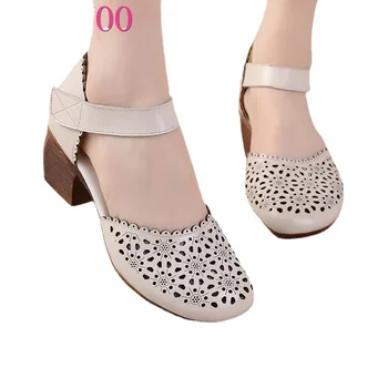 2023 Лятна дамски обувки, нови дамски сандали от естествена кожа с мека подметка, ретро-сандали на дебел ток за мама