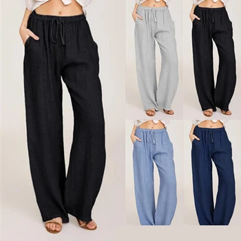 2023 нови летни дамски памучни спално бельо, свободни широки панталони с завязками, топла разпродажба, дълги панталони с джоб, S-3XL