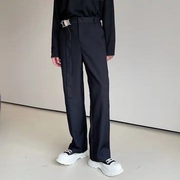 2023, Свободни ежедневни метални панталони с колан, мъжки черни директни широки панталони, мъжки уличен костюм, модни панталони в корейски стил