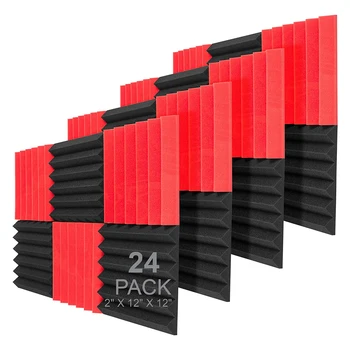 24 Опаковки, акустични панели с размер 30x30x5 см червено и дървени въглищата цветове, клинове от студийната пяна, огнеупорна звукоизоляционная уплътнението, черни стенни панели