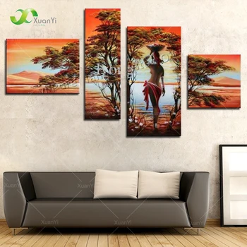 4 Панела Абстрактна Ръчно Рисувани Африкански Жени Пейзаж Живопис Куадрос Decoracion Стенни Картини За Хола Без Рамка XY101