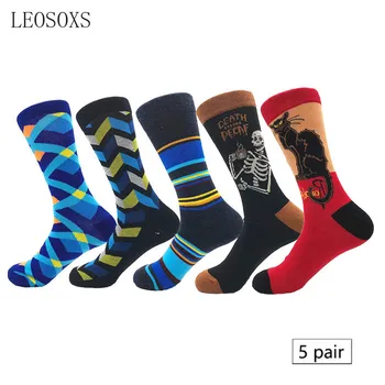 5 чифта мъжки чорапи есен-зима, нова тенденция, мультяшные животни, геометрични фигури, принт, ежедневни памучни забавни дамски чорапи до средата на прасците