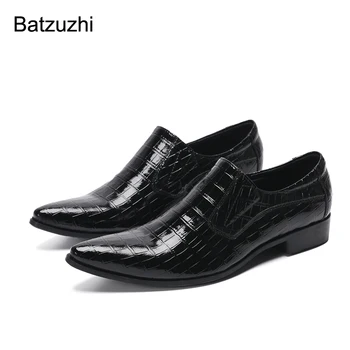 Batzuzhi/ Мъжки обувки ръчна изработка, Официални делови кожени модела обувки с остър пръсти; Мъжки черни кожени модел обувки за мъже Без закопчалка!