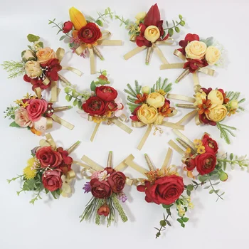 Boutonniere оранжев и червен цвят, за сватба, за гости, boutonniere от изкуствена коприна, дантела от рози, украса за шаферките, сватбени цветя