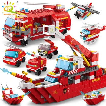 HUIQIBAO 1000шт 6в1 Градска Пожарна Станция на Кораб, Камион Модел Строителни Блокове Противопожарна Лодка Набор от Тухли Играчка за Деца Детска Игра