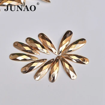JUNAO 8x28 мм Пришивная апликация от златни страз-във вид на капки, по-големи акрилни кристали върху плоска подметка, кристални камъни за бродерия