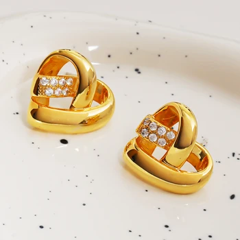 JUWANG сърцето выдалбливают инкрустиран циркон Минималистичные обеци Малки обици с покритие от злато 14 карата Темперамент Изискани луксозни бижута