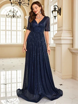 Lucyinlove Женски Луксозна вечерна рокля с V-образно деколте и къси ръкави, 2023, тъмно синя рокля за сватбени партита, абитуриентски бал, на Макси рокля за коктейл