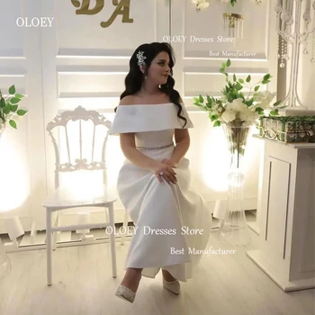 OLOEY Елегантни бели дамски официални рокли в арабски стил от Дубай с открити рамене, стрейчевые сатенени рокли за бала чаена дължина