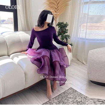 OLOEY Саудовско-арабски дамски официални рокли виноградно-лилав цвят с дълги ръкави, пола от органза чаена дължина, вечерни рокли за партита, рокля за бала 2023