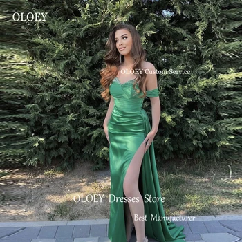 OLOEY Секси рокля с открити рамене, зелена русалка, ръкави, с мъниста, разрязващи гънки, сатенени дълги вечерни рокли, вечерна рокля за парти