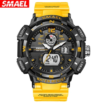 SMAEL, най-луксозна марка, мъжки часовници, водоустойчиви часовници за спортове на открито, кварцов часовник с двоен дисплей на времето, гумени цифрови часовници