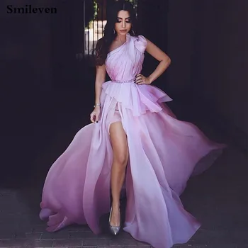 Smileven бала дълги рокли с едно рамо мъниста с отрязани крака гости на сватба рокли секси лилаво дълги вечерни рокли