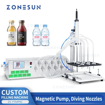 ZONESUN Изработени по поръчка машина за бутилиране на течности, дюза за гмуркане, магнитен помпа с 9 глави, пневматични напитки, производство на напитки ZS-YTMP9C