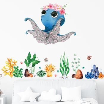 Акварел карикатура Сладък октопод с цветя подводни същества Стикери за стена за детска стая, баня, тоалетна, стикери за стени, за деца