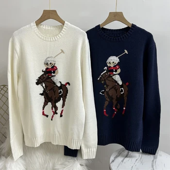 Американски RL, мъжки пуловер с бродерия на мече за езда, модерен случайни пуловер свободна плетени, уличен ретро пуловер, градинска Унисекс облекло