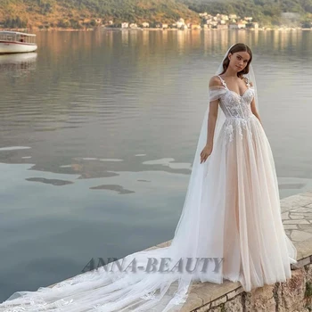 Анна Сладко, нежно сватбена рокля за булката с открити рамене, придворен влак принцеса, апликация с цип, Vestido De Casamento