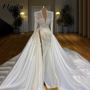 Арабски иллюзионные сватбени рокли 2023, бродирани с перли по поръчка, халат с дълъг ръкав, Дубайские сатен сватбени рокли