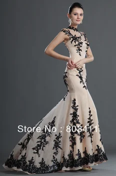 Безплатна доставка на Ново постъпването в Прекрасна рокля на Русалка с висока яка и черна аппликацией вечерна рокля