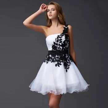 Бяло коктейл без ръкави рокля с едно рамо, черно дантелено рокля от органза, мини-рокля трапецовидна форма, къса рокля с колан, секси рокля с отворен гръб за бала