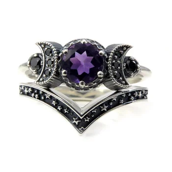 Винтажное сребърен пръстен с троен Луна за жени, модерен метален пръстен, инкрустированное лилави камъни цирконий, годежни пръстени, бижута комплект