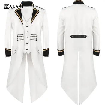 Военен средновековен мъжки костюм, бяла моряк, офицерская яке за cosplay, тренч, облекла в стил викторианска на Възраждането, S-4XL