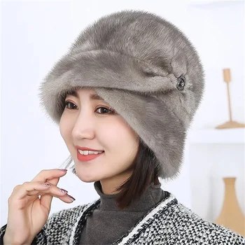 Дамска елегантна луксозна зимна кожа шапка от висококачествена кожа на норка, топла шапка за басейна, зимна удобна шапка за предотвратяване на настинки