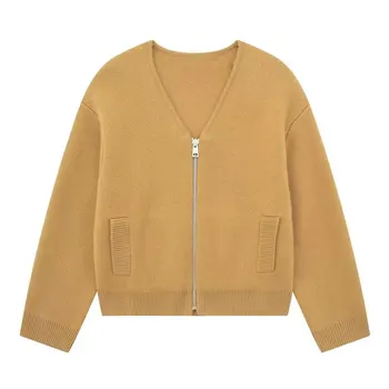 Дамски модни вълна яке-бомбер с цип 2023, вязаный пуловер, свободна риза с V-образно деколте и дълги ръкави в стил ретро, шик върха