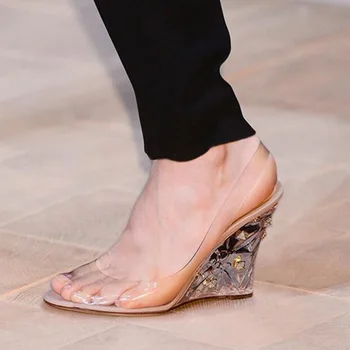 Дамски сандали на танкетке от прозрачно PVC с отворени пръсти, кристално прозрачни обувки на танкетке с изрезки, дамски летни обувки за партита