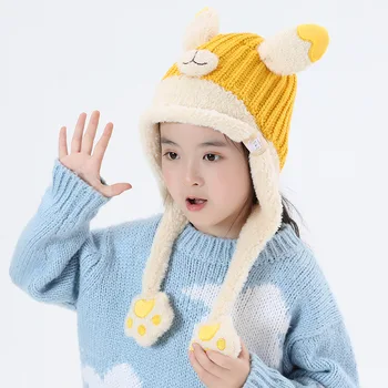 Детска шапка за защита на ушите, есен-зима, вязаная шапка с хубав мечка за момчета, топла зима плюшено вълнен пуловер за момичета, шапка