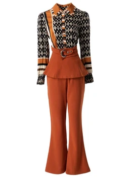 Дизайнер QIWN, новостите на пролетта-есента, благородна риза с дълги ръкави и принтом, блузи, ежедневни панталони, тънък елегантен ретро женски комплект за парти