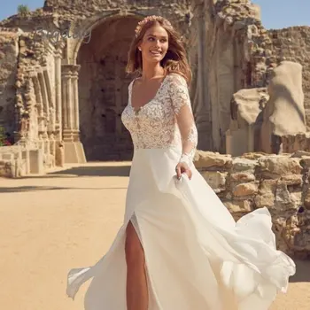 Елегантна сватбена рокля трапецовидна форма, женски 2023, с дълъг ръкав, лейси апликация отзад, шифоновое сватбена рокля с цепка отстрани, Vestidos De Новия