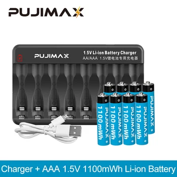 Зарядно устройство PUJIMAX 8-slot Smart + AAA от 1,5 1100 МВтч Литиево-йонна батерия Литиеви Батерии, С кутия и USB кабел