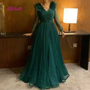 Зелени елегантни вечерни рокли от тюл с V-образно деколте, вечерни рокли за абитуриентски бал, мюсюлмански, арабски, големи размери, рокли за майката на булката с дълъг ръкав